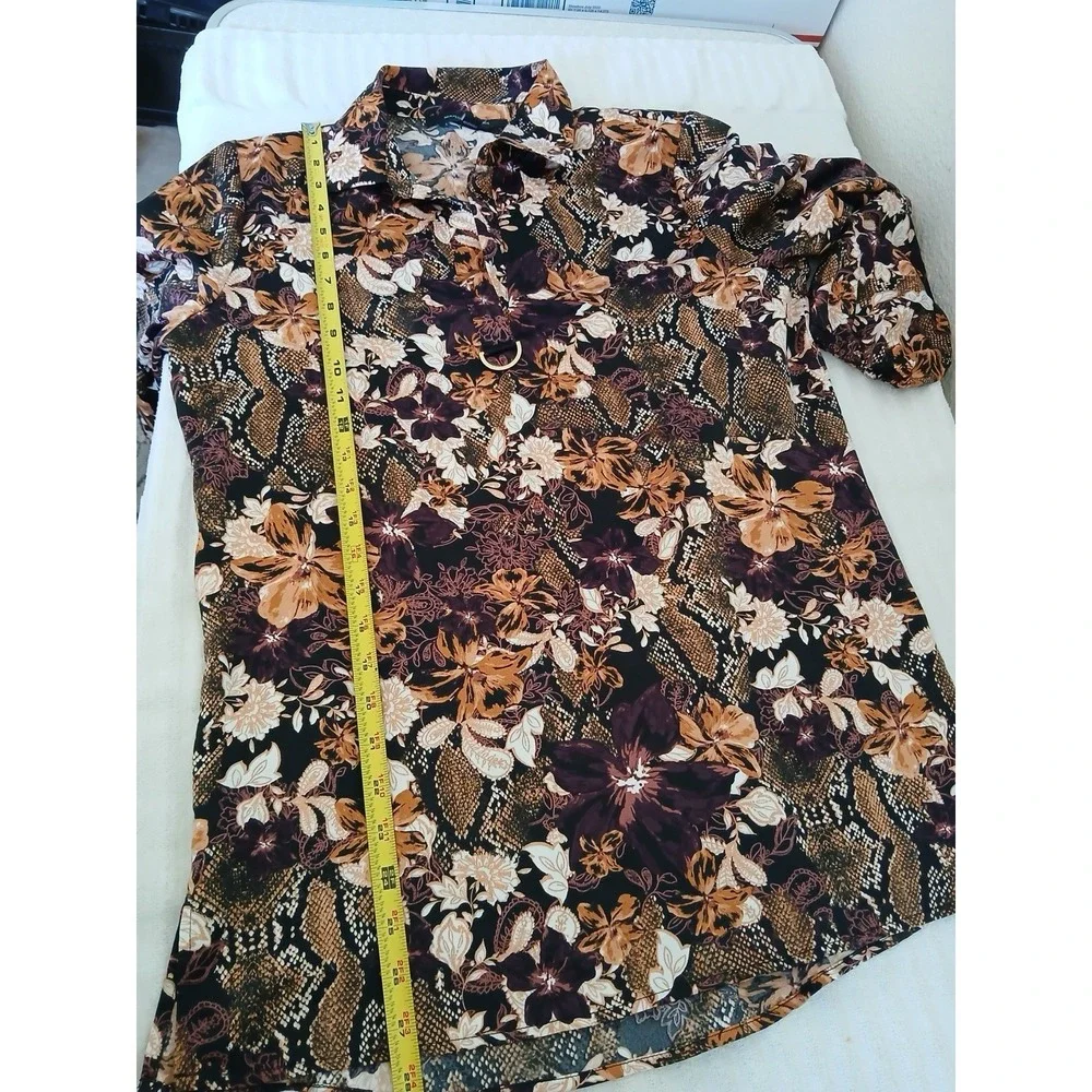 Marc New‎ York Women's Blouse Tunic Brown & Purple Floral Long Sleeve Bohemian